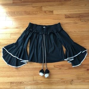 Misa Los Angeles Off the Shoulder Tassel Blouse Bell Sleeves Navy Blue Cotton M